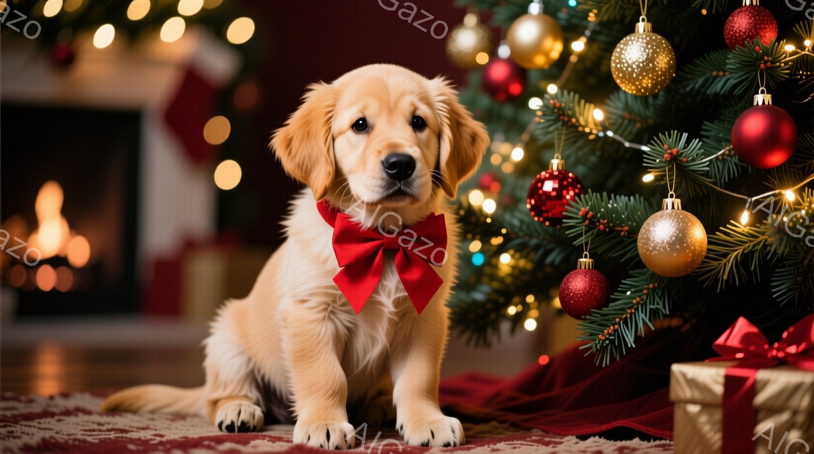 ゴールデンレトリバーの子犬が赤いリボンをつけて座っており、正面を見ています。背景にはクリスマスツリーが飾られ、赤いギフトボックスがいくつか置かれています。暖炉の光とクリスマスツリーの装飾が、温かくお祝 - AI生成フリー素材