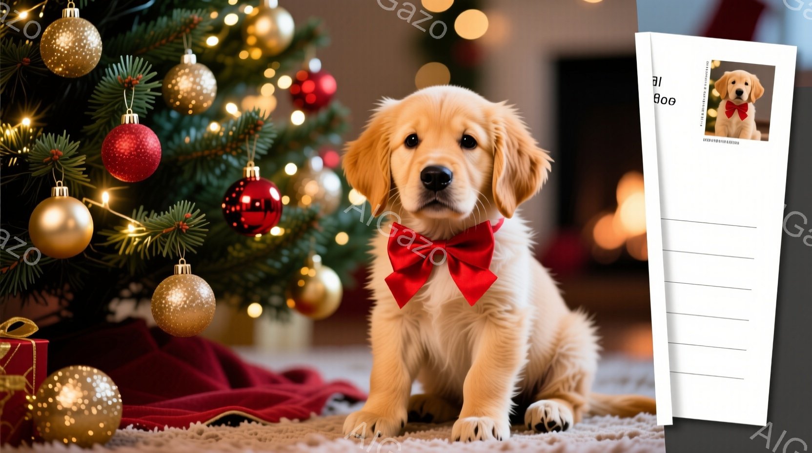 ゴールデンレトリバーの子犬が、赤いリボンを首に巻いて、白い毛並みのラグの上に座っています。背景には、オーナメントで飾られたクリスマスツリーと赤い布が見え、お祝いの雰囲気が漂っています。子犬は前足を揃え - AI生成フリー素材