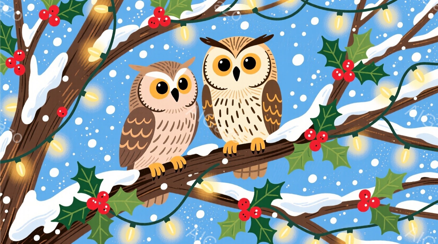 2羽のフクロウが、雪と赤い実の飾りがついた木の枝に並んで座っています。フクロウたちは丸い目をしていて、穏やかな表情をしています。背景は水色の空で、雪が舞っており、全体的に温かく、クリスマスの雰囲気を醸 - AI生成フリー素材