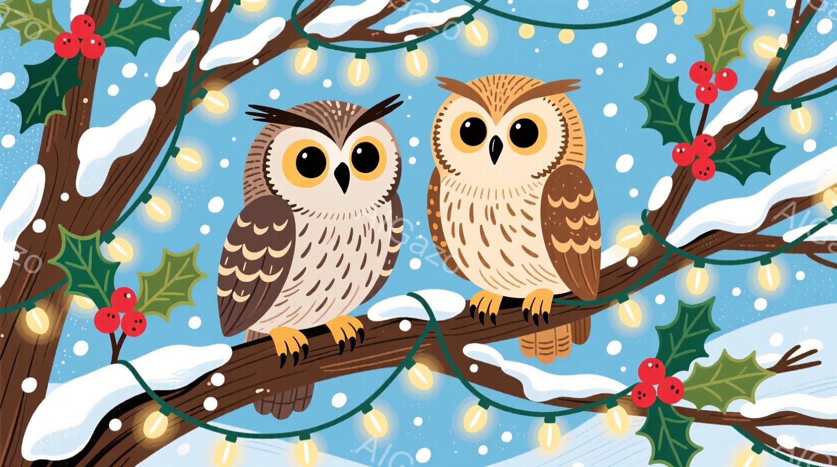 ふたつのフクロウが、雪の積もった木の枝に並んで座っています。背景は淡い水色の空で、ホリーの葉と赤い実、そして暖かい光を放つ電飾で飾られています。全体的に、冬の暖かく穏やかな雰囲気が漂っています。 - AI生成フリー素材