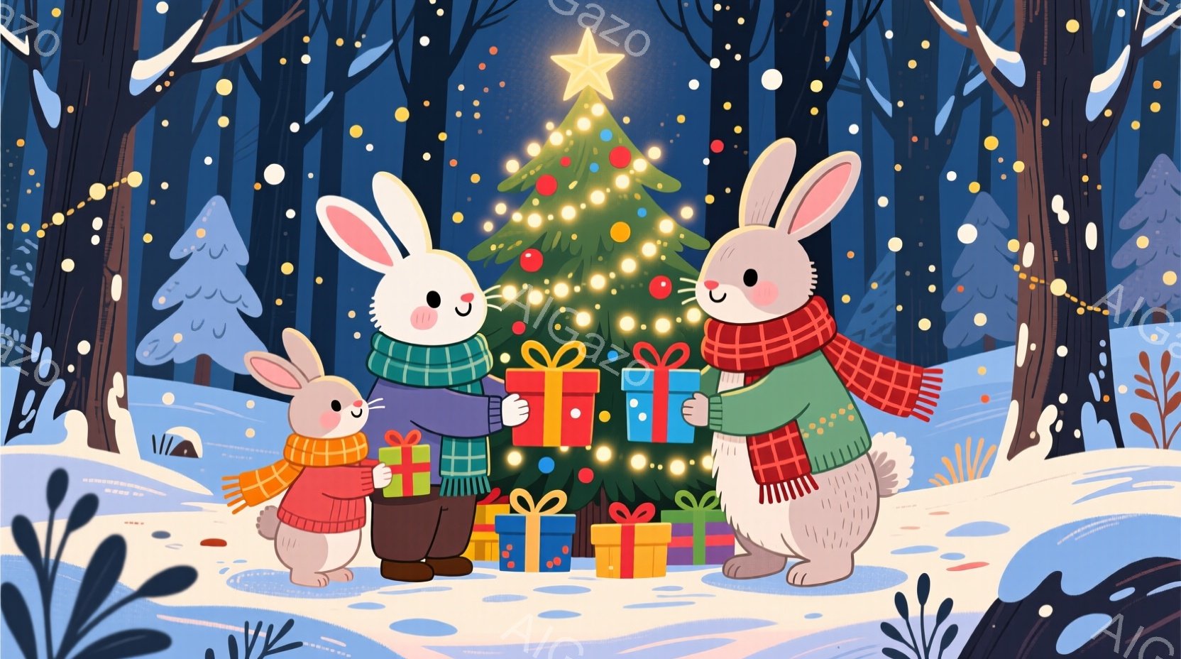 雪景色の中で、3匹のウサギがクリスマスツリーの周りに集まり、プレゼントを交換しています。ウサギたちはそれぞれ異なる色のセーターとマフラーを身に着け、笑顔でプレゼントを差し出したり受け取ったりしています - AI生成フリー素材
