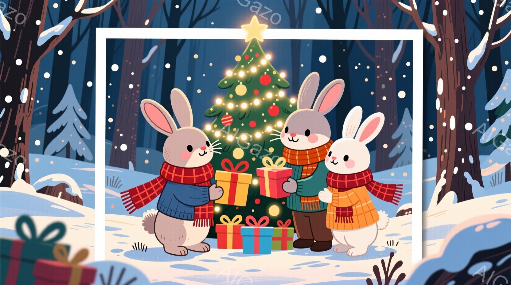 ３匹のウサギがクリスマスのプレゼントを抱え、クリスマスツリーの周りに集まっている。彼らはそれぞれ赤い格子縞のマフラーと青いセーターを着ており、笑顔でプレゼントを見つめている。背景には雪に覆われた木々と - AI生成フリー素材