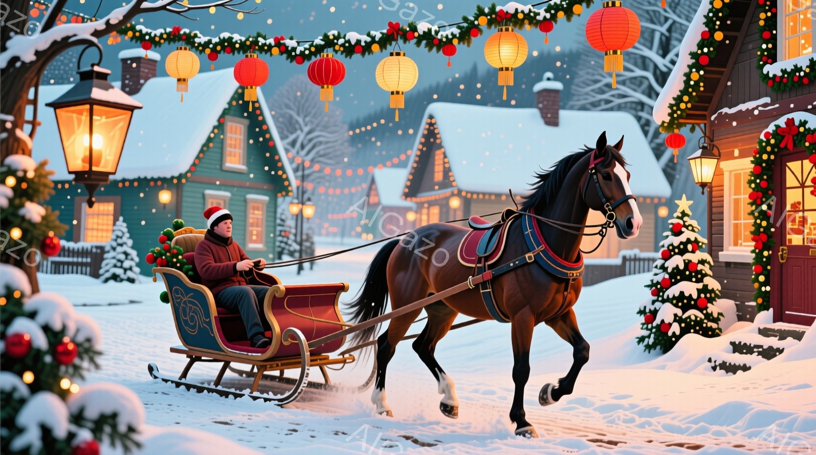 雪が舞うクリスマスの風景で、赤い帽子をかぶった男性が、美しい模様のソリを馬に引かせて走っている。背景には、クリスマスツリーや提灯で飾られた可愛らしい家々が並び、暖かく幻想的な雰囲気を醸し出している。馬 - AI生成フリー素材