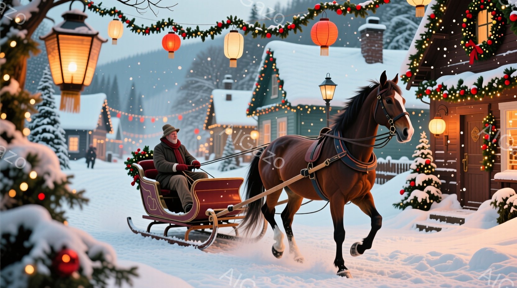雪景色の中、茶色の馬が赤いソリを引いて走っている。ソリの運転手は赤いコートを着て、帽子をかぶり、穏やかな表情をしている。背景には、クリスマスツリーやイルミネーションで飾られた建物が並び、雪が舞い散る暖 - AI生成フリー素材