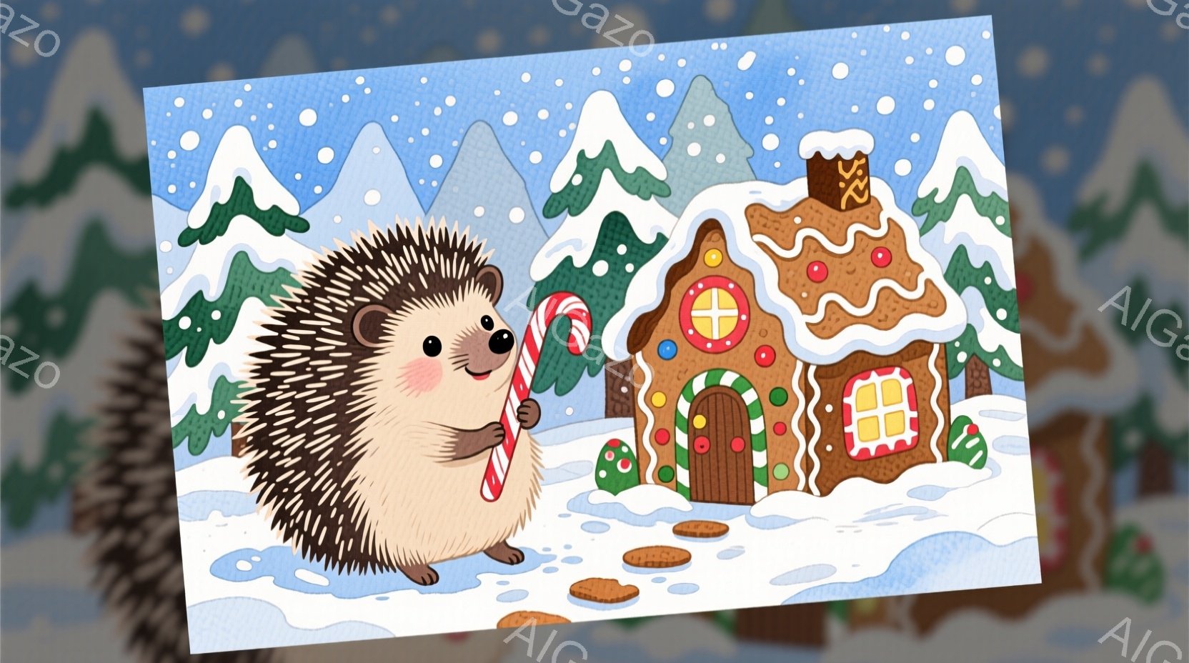 可愛らしいハリネズミが、赤と白のキャンディケーンを抱え、雪景色の中に立っています。背景には、クッキーやキャンディで飾られた、まるで絵本から飛び出したようなジンジャーブレッドハウスが建っており、周囲には - AI生成フリー素材