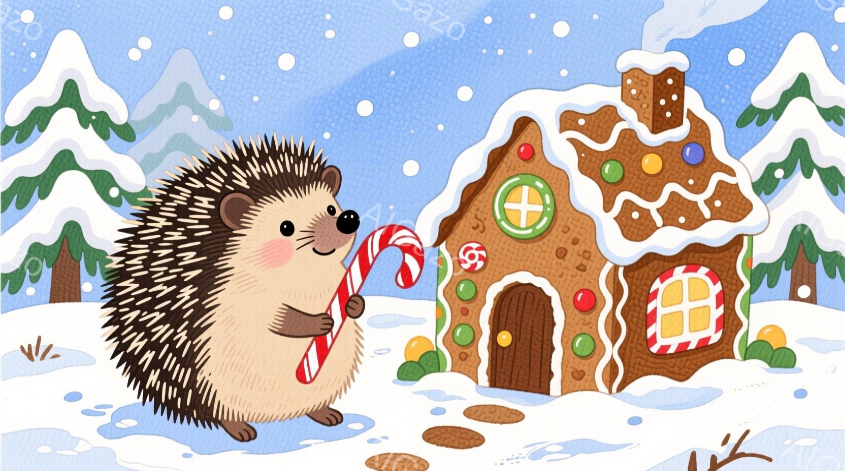 雪が降る冬の風景の中に、キャンディケーンを持ったハリネズミが描かれています。ハリネズミはピンク色の頬を赤らめ、楽しそうに歩いている様子です。背景には、ジンジャーブレッドで作られた可愛らしい家と、雪で覆われた針葉樹林が広がっており、温かく幻想的な雰囲気を醸し出しています。
