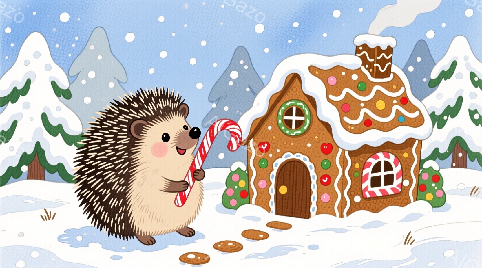 雪が降る冬の風景の中に、可愛らしいハリネズミが立っています。ハリネズミはピンク色の頬を持っており、片手にキャンディケーンを持って楽しそうに微笑んでいます。背景には、ジンジャーブレッドで作られた家があり - AI生成フリー素材