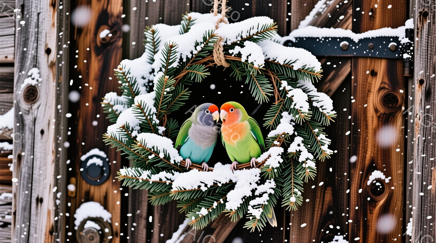 深緑の葉っぱで作られた円形のリースに、鮮やかな緑と紫のオカメインコが寄り添って座っています。背景は木製の板壁で、雪が舞い降りており、冬の静寂な雰囲気が漂います。リースとオカメインコの鮮やかな色彩が、冬の背景に暖かさと生命力を添えています。