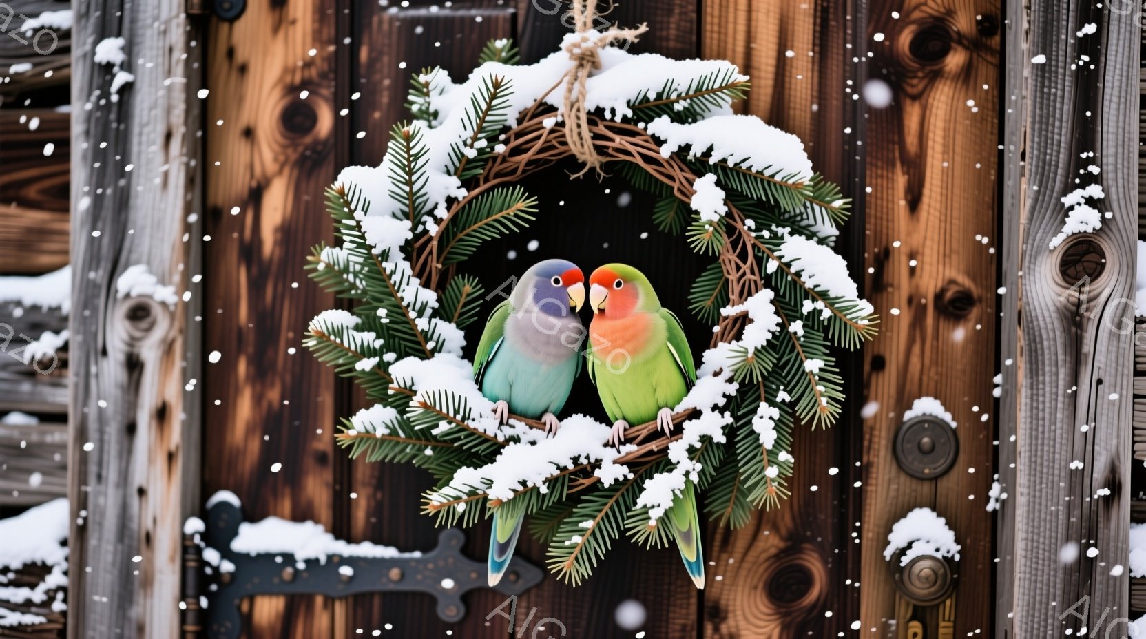 冬の木製のドアに飾られたクリスマスリースの中に、一対の美しいオカメインコが寄り添って座っています。雪が降る中、鮮やかな青と黄緑色の羽毛がリースに積もった雪の白さとのコントラストを作り出し、暖かく穏やかな雰囲気を醸し出しています。ドアの錆びた金属製の金具や木の質感が、クリスマスの温かさと自然の美しさを強調しています。