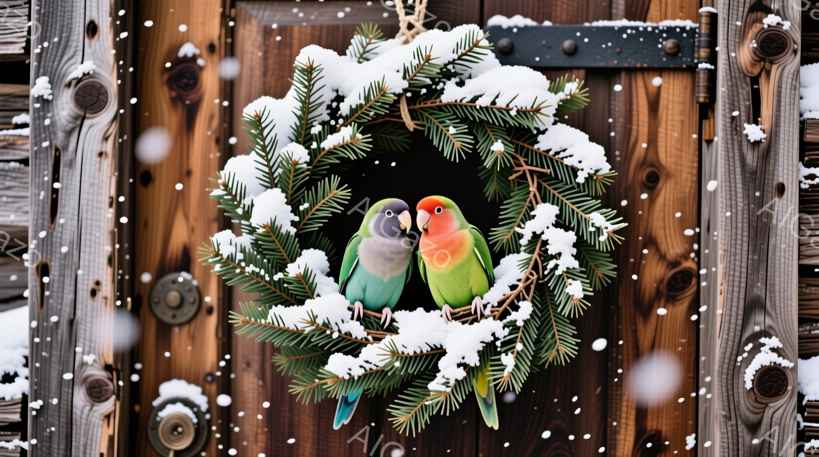 雪に覆われた緑のリースの中に、一対の美しいオカメインコが寄り添って座っている様子が写っています。背景は木製のドアで、雪が舞い散る冬の風景です。温かく穏やかな雰囲気を醸し出しており、冬の静けさの中で鳥たちの愛情が感じられます。