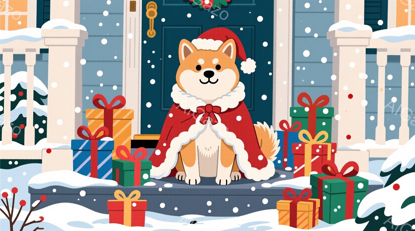 雪が降る家の外で、柴犬がサンタクロースの帽子と赤いマントを身につけて座っています。周りにはカラフルなリボンで結ばれたプレゼントの箱が積み重ねられ、クリスマスの飾り付けが施された玄関が背景に見えます。全 - AI生成フリー素材