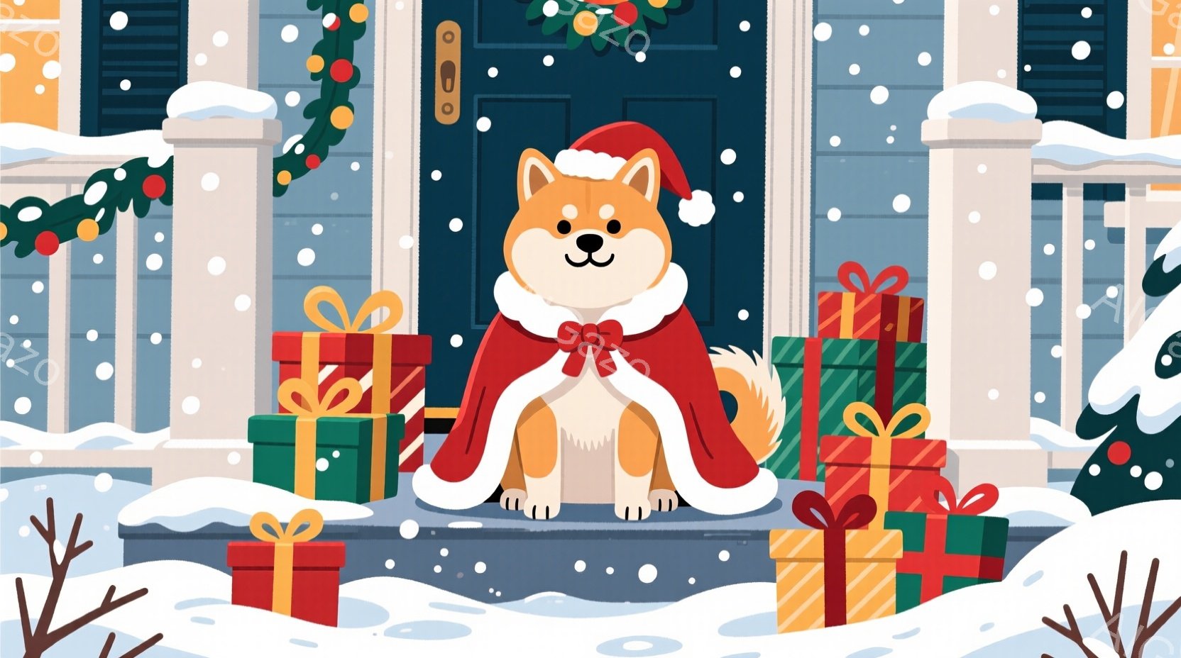 雪が降る家の玄関先に、赤いサンタの帽子と赤いリボン付きのマントを羽織った柴犬が座っています。その周りには、緑、赤、金色のリボンで飾られたプレゼントの山が積み上げられ、暖かくお祝いムードを演出しています - AI生成フリー素材