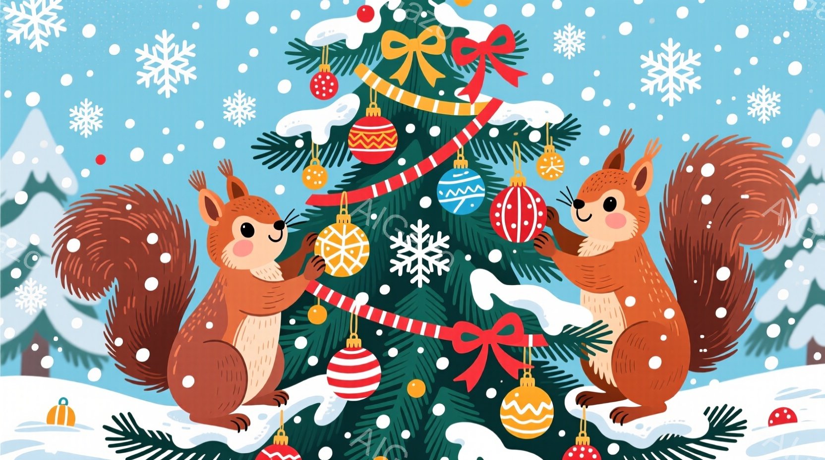 鮮やかなクリスマスツリーを飾る2匹のリスが描かれています。リスたちは片足で立ち、もう片方の足でオーナメントをツリーに引っ掛けようとしており、楽しげな表情をしています。背景には雪が降り積もり、他のクリス - AI生成フリー素材