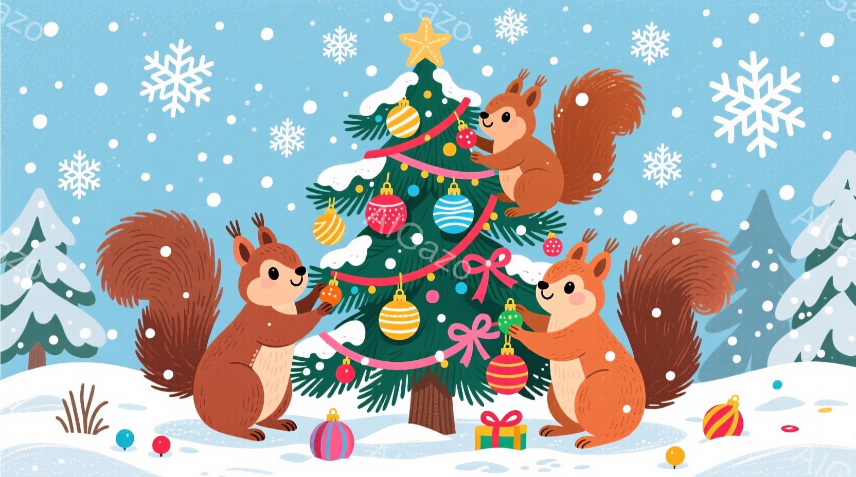 暖炉のそばに飾られたクリスマスツリーを、3匹のリスが飾り付けている様子が描かれています。リスたちは赤い毛並みで、それぞれ異なるポーズでオーナメントを飾り、楽しそうな表情をしています。背景には雪景色が広 - AI生成フリー素材