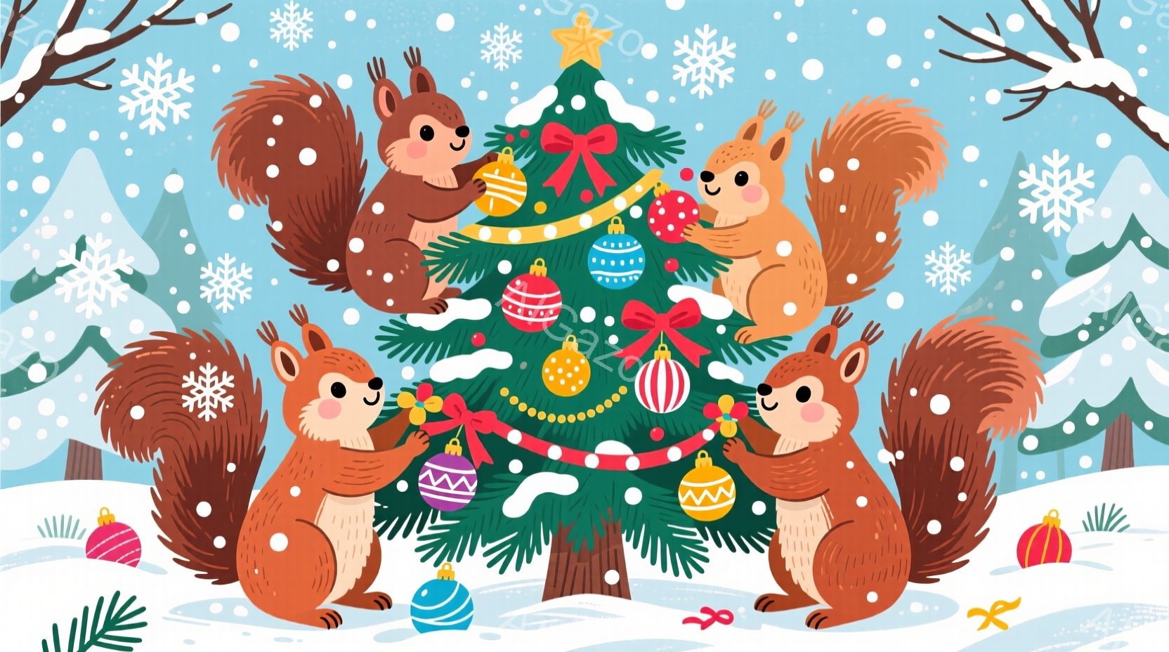 可愛らしいリスたちがクリスマスツリーを飾り付けています。リスたちはオレンジ色の毛並みで、クリスマスのオーナメントを抱えたり、ツリーに飾り付けたりしています。背景は雪景色で、雪の結晶が舞い、全体的に暖か - AI生成フリー素材