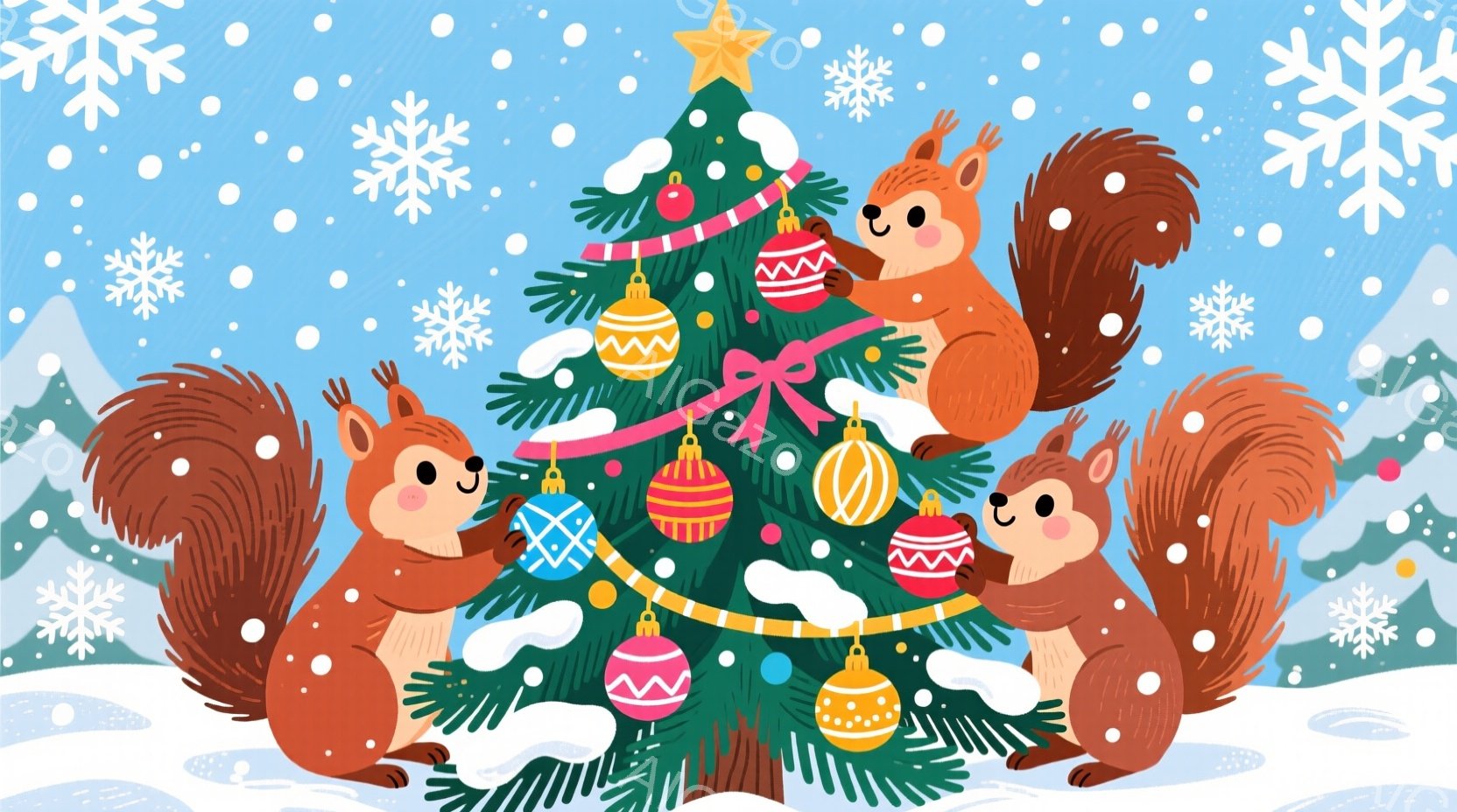 クリスマスツリーの周りを、毛並みの良い赤茶色のリスたちが囲んでいます。彼らは楽しそうに笑みを浮かべ、それぞれがクリスマスのオーナメントを見つめています。背景は雪景色で、遠くには雪に覆われた木々が見え、 - AI生成フリー素材