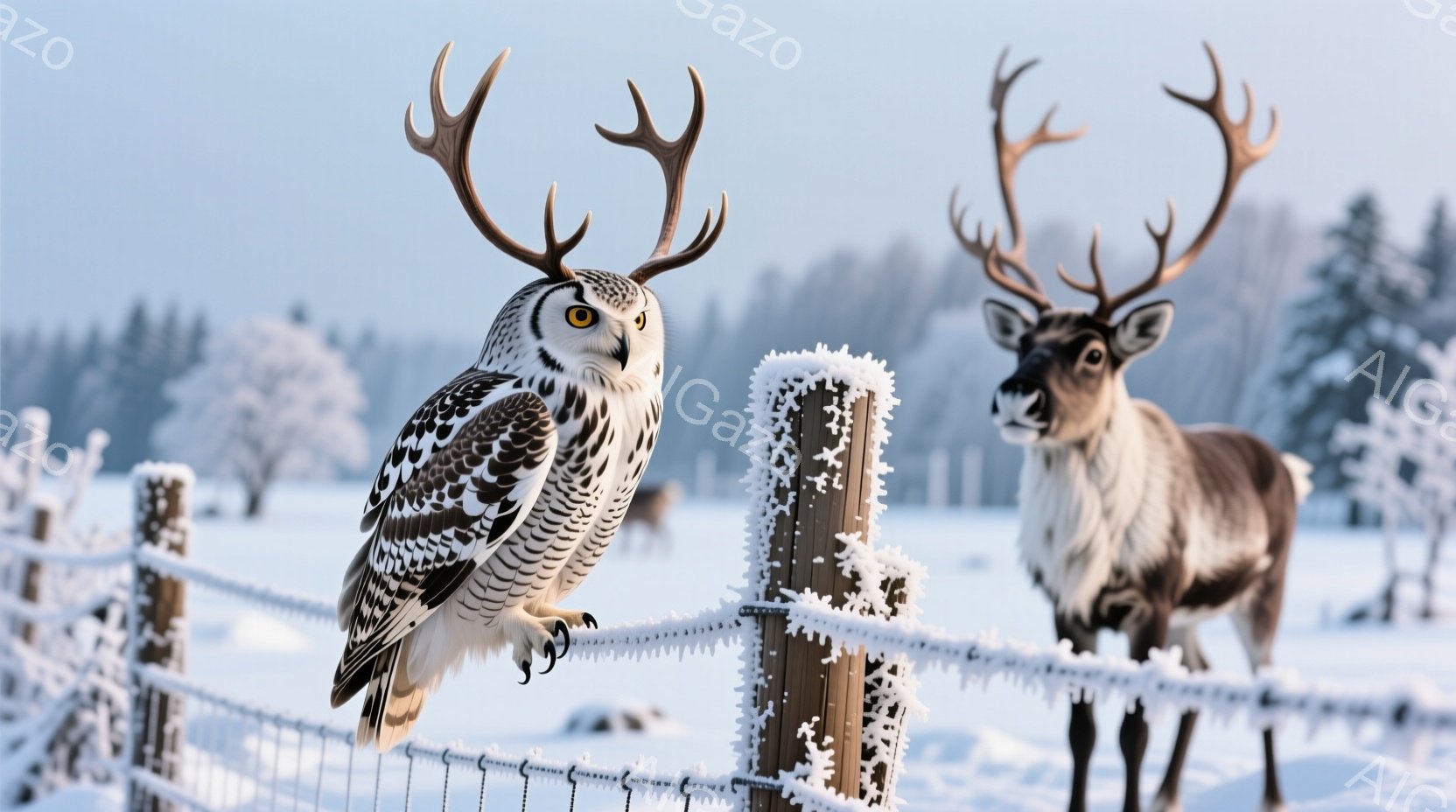 白い雪の中で、大きなフクロウが木製の柵にとまっており、鋭い眼差しでこちらを見ている。背景には雪に覆われた森林と、トナカイが立っており、冬の静寂と自然の厳しさを感じさせる。全体的に冷たい空気と澄んだ光が - AI生成フリー素材