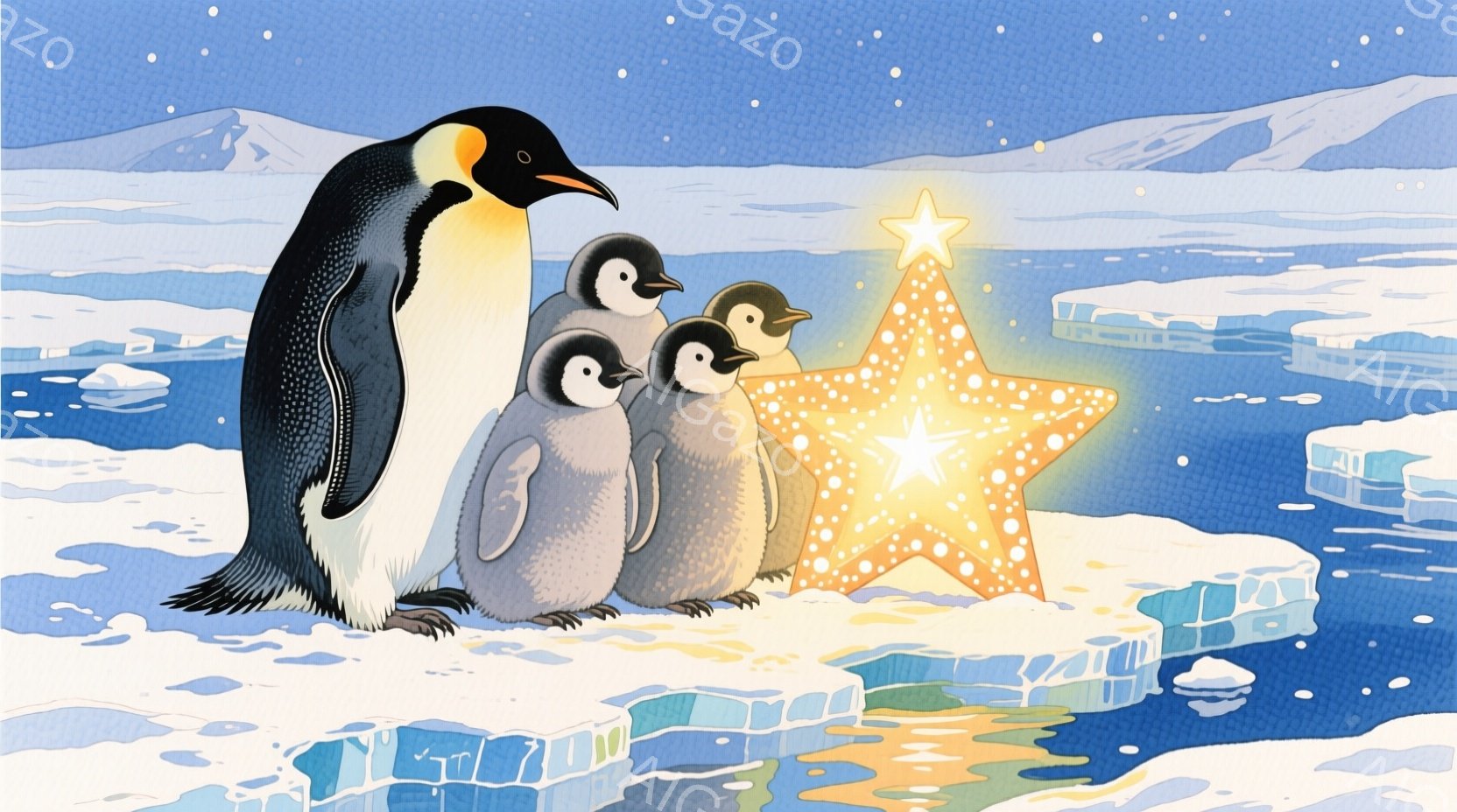 広大な氷原を背景に、親ペンギンと三羽の子ペンギンが寄り添って立っている。背景には氷山が浮かび、きらびやかな星型の光が子ペンギン達を照らしている。全体的に暖かく、穏やかな冬の雰囲気が漂うイラストレーショ - AI生成フリー素材