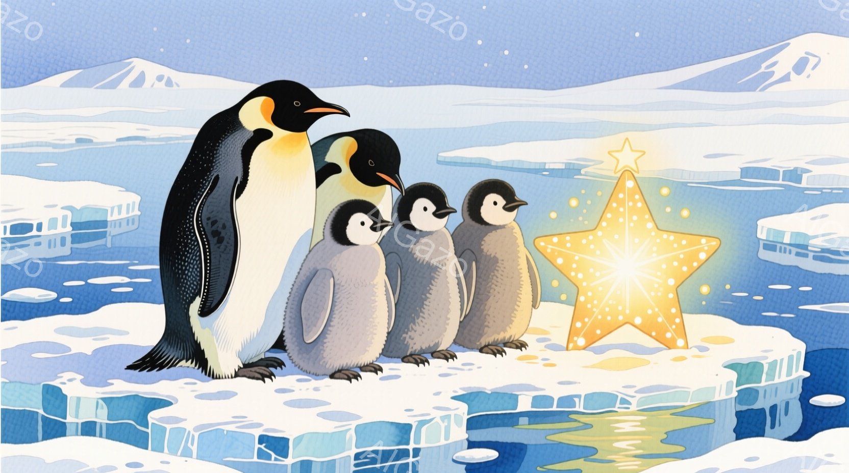 親ペンギンと３羽の子ペンギンが氷の上に並んで立っています。彼らは皆、左側を見つめており、背景には光り輝く大きな黄色い星が描かれています。氷は様々な青色のニュアンスで表現され、遠くには雪山や氷山が確認で - AI生成フリー素材