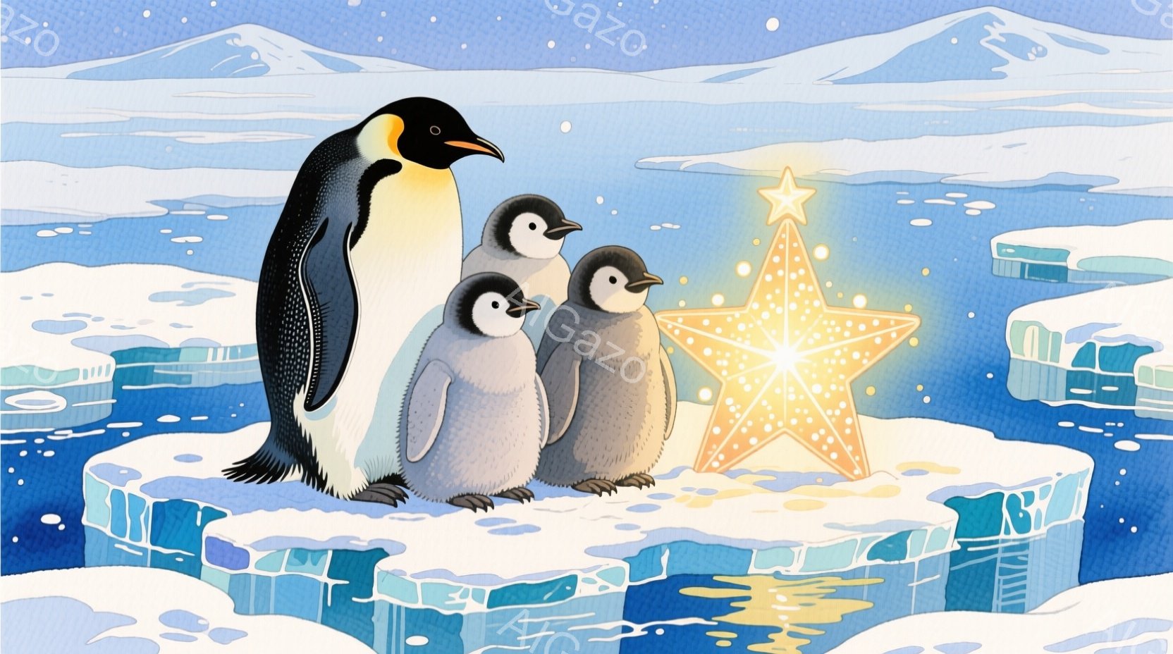 氷の塊の上に立つペンギンの家族が描かれています。親ペンギンは背筋を伸ばして立っており、子ペンギンたちは親の側に寄り添い、星を見上げています。背景は氷河と空で、温かく輝く星が、家族の周りに幻想的な雰囲気を醸し出しています。