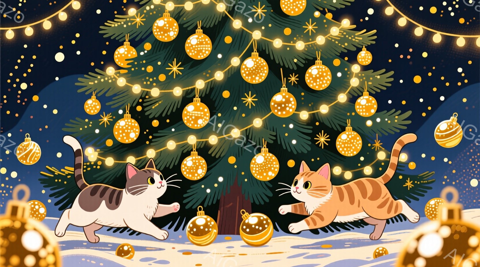 クリスマスツリーを背景に、2匹の猫が雪の中で遊んでいます。片方の猫は白とグレーの模様で、もう片方はオレンジと白の模様で、どちらも楽しそうな表情で、おもちゃのボールを追いかけています。背景には緑豊かなク - AI生成フリー素材