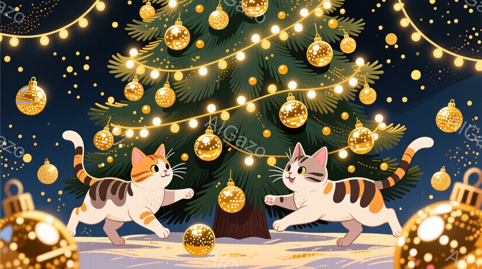 クリスマスツリーの周りで、二匹の猫が楽しそうに遊んでいます。片方の猫は白と茶色のまだら模様で、もう片方の猫は白と黒のまだら模様です。背景は雪景色で、クリスマスの飾り付けが全体に散りばめられ、温かくお祝いムードが漂います。