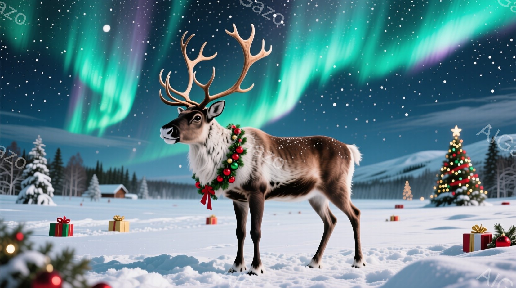 白い雪景色の中に、クリスマスリースを首に巻いたトナカイが立っている。背景には雪に覆われた木々、小さな家、そしてオーロラのように輝く空が広がり、クリスマスのギフトボックスがいくつか散らばっている。全体的 - AI生成フリー素材