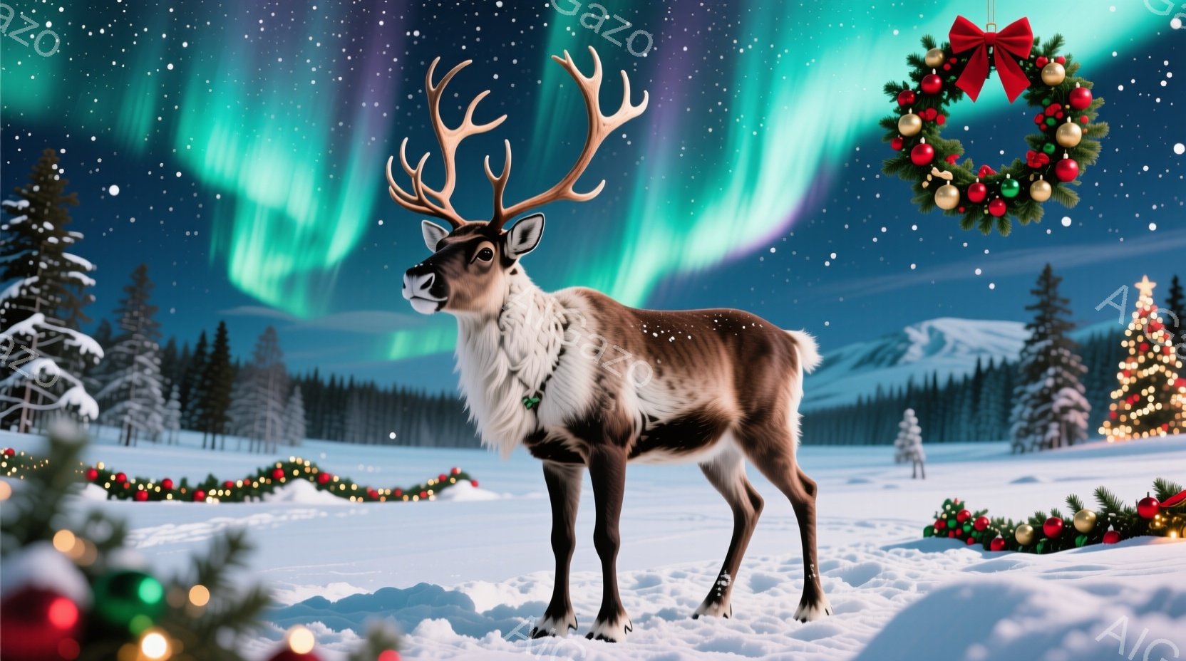 雪に覆われた冬の風景の中に、毛並みの美しいトナカイが凛々と立っている。背景には針葉樹の森が広がり、オーロラが夜空を彩り、遠くには雪山が見える。クリスマスの飾り付けが散りばめられており、暖かく幻想的な雰 - AI生成フリー素材
