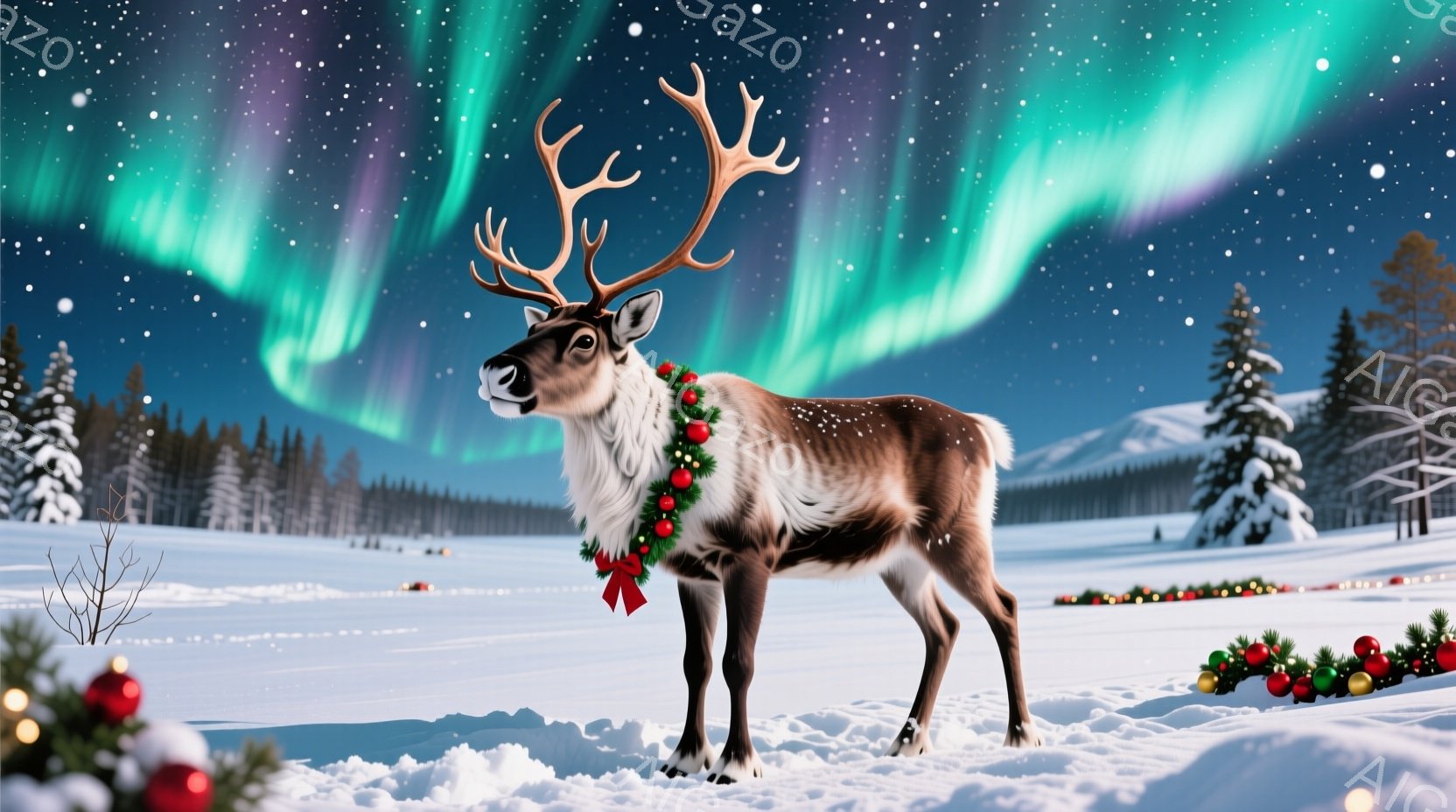 雪に覆われた平原に、クリスマスリースを首に巻いたトナカイが立っている。背景には、雪化粧をした針葉樹林と、オーロラのような緑と紫色の光の帯が広がっており、クリスマスの雰囲気を醸し出している。雪原には赤い - AI生成フリー素材