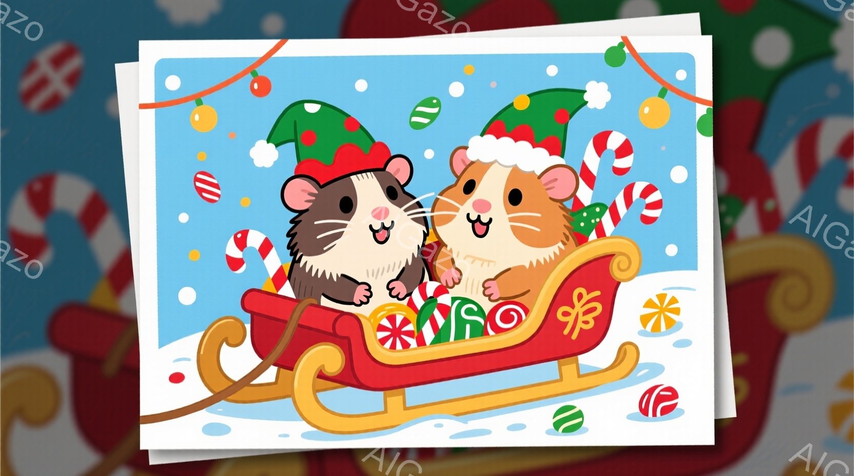 2匹のハムスターが赤いそりに乗っています。両方とも緑の帽子をかぶっており、楽しそうな表情をしています。背景には雪が降っており、キャンディケーンなどのクリスマス装飾が散りばめられていて、暖かく幸せな雰囲 - AI生成フリー素材