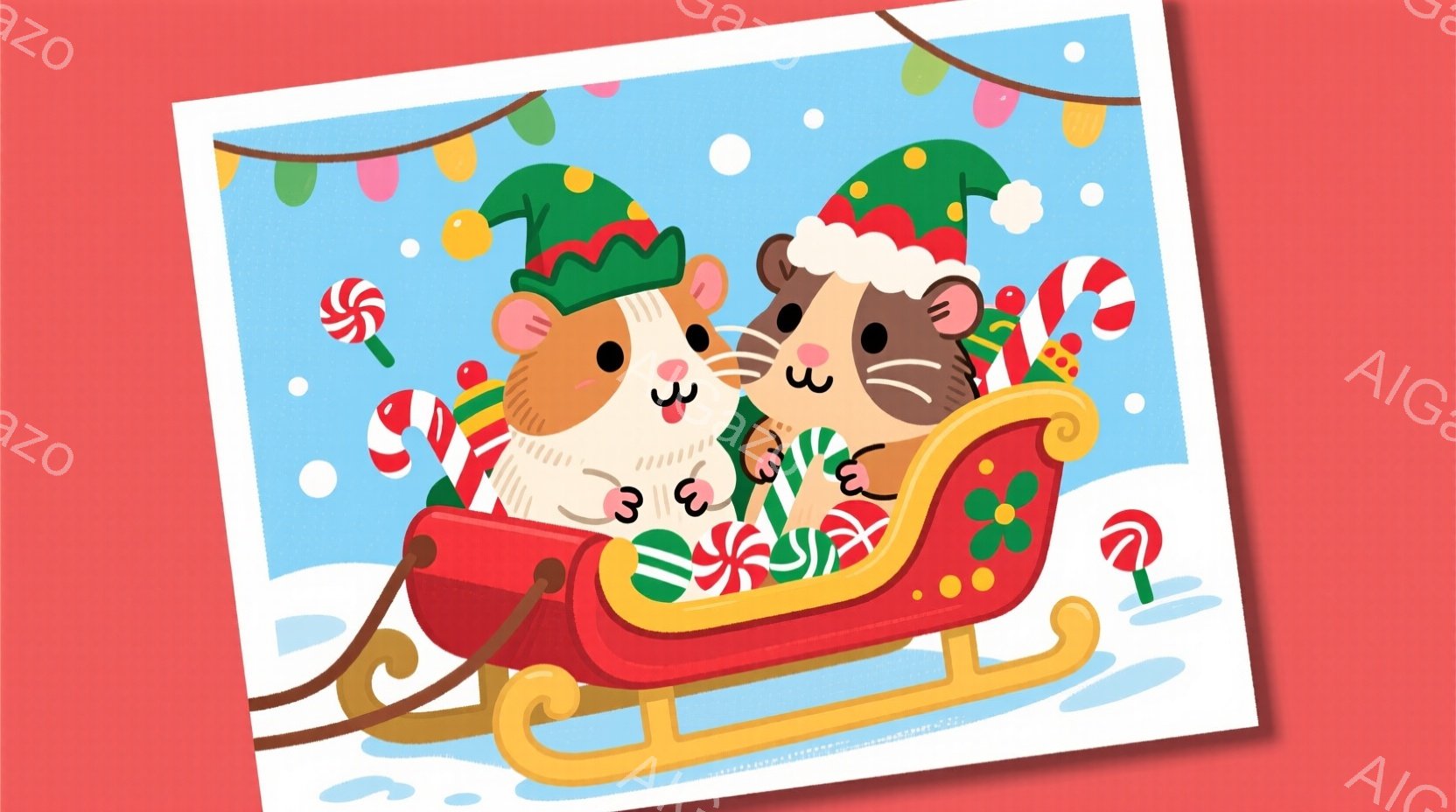 赤いそりに、クリスマスの帽子とスカーフを身につけた2匹のハムスターが座っています。彼らは幸せそうな表情で、周囲にはキャンディケーンやプレゼントが散りばめられています。背景は雪景色で、頭上にはイルミネー - AI生成フリー素材