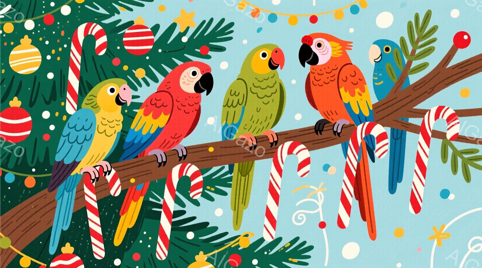カラフルなオウムたちが、茶色の木の枝に並んで座っています。背景には、緑の葉っぱ、キャンディケーン、そして水玉模様があり、クリスマスや冬のホリデーシーズンを連想させる、明るく陽気な雰囲気です。全体的に、暖かくお祝いムードに満ちたイラストレーションです。