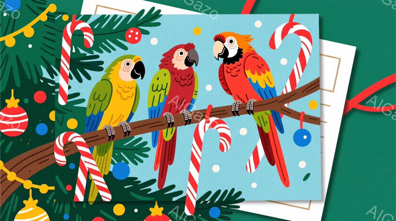 カラフルなインコが枝に並んで座っており、背景にはキャンディケーンやクリスマスツリーの飾り、雪が散りばめられています。インコたちはそれぞれ緑、青、赤の色合いで、リラックスした表情でこちらを見ています。全体的に、暖かく、お祝いの雰囲気で、クリスマスのカードや装飾にぴったりのイラストです。