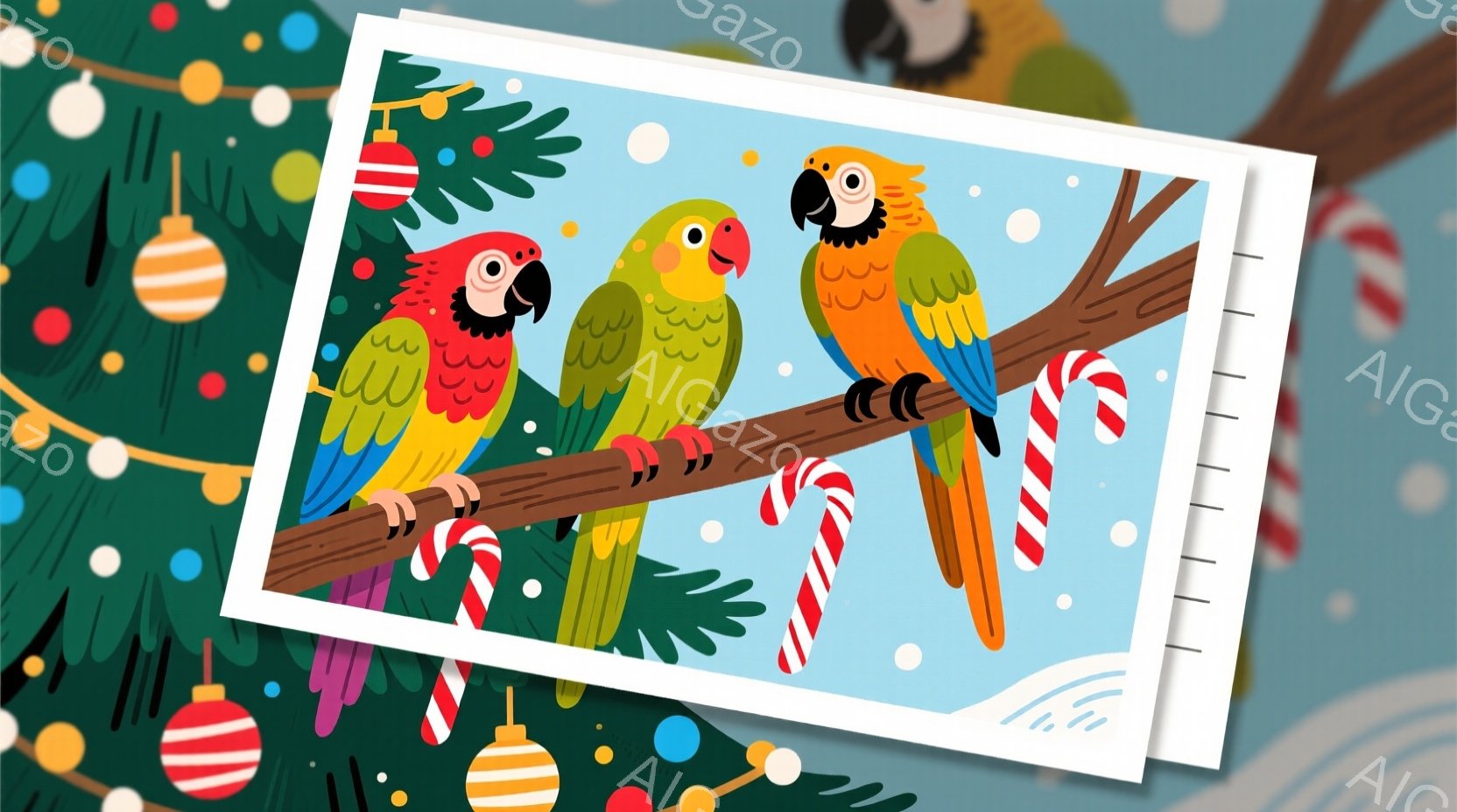 カラフルなインコが枝に並んで止まっています。背景にはクリスマスツリーの飾りやキャンディケーン、雪が舞う冬景色が描かれており、お祭り気分を盛り上げています。全体的に明るく温かみのある雰囲気で、クリスマス - AI生成フリー素材