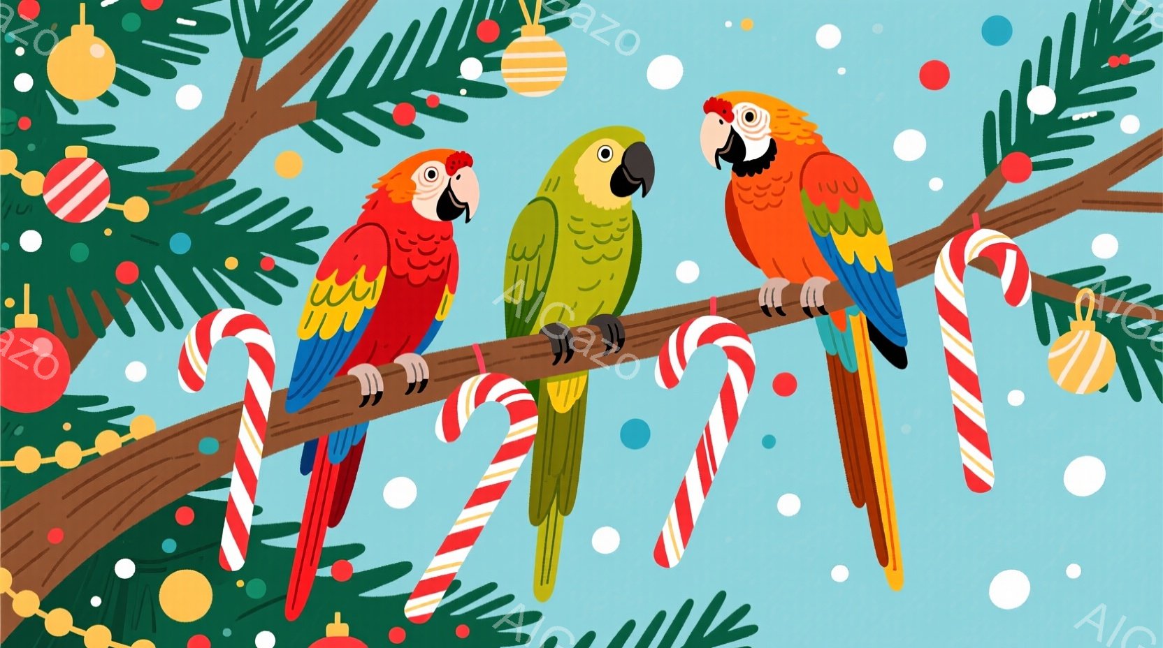 茶色の枝に並んで止まる３羽のオウムが描かれています。赤、緑、そして黄色と青の鮮やかなオウムたちは、クリスマスの飾りやキャンディケーンに囲まれ、楽しげな雰囲気を醸し出しています。背景は水色の空で、白い雪が舞っており、全体的に暖かく、お祝いのムードが漂っています。