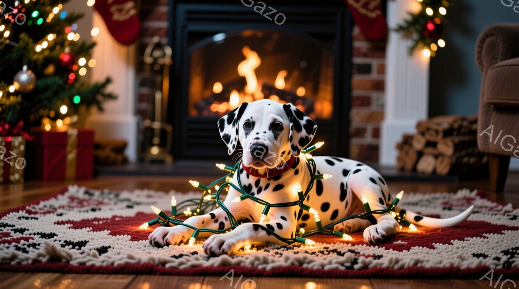 白地に黒い斑点模様のダルメシアンが、赤い敷物の上に横たわり、クリスマスツリーの電飾を身にまとっています。背景には暖炉の炎が燃え盛り、プレゼントやクリスマスツリーが飾られ、温かく穏やかなクリスマスの雰囲 - AI生成フリー素材