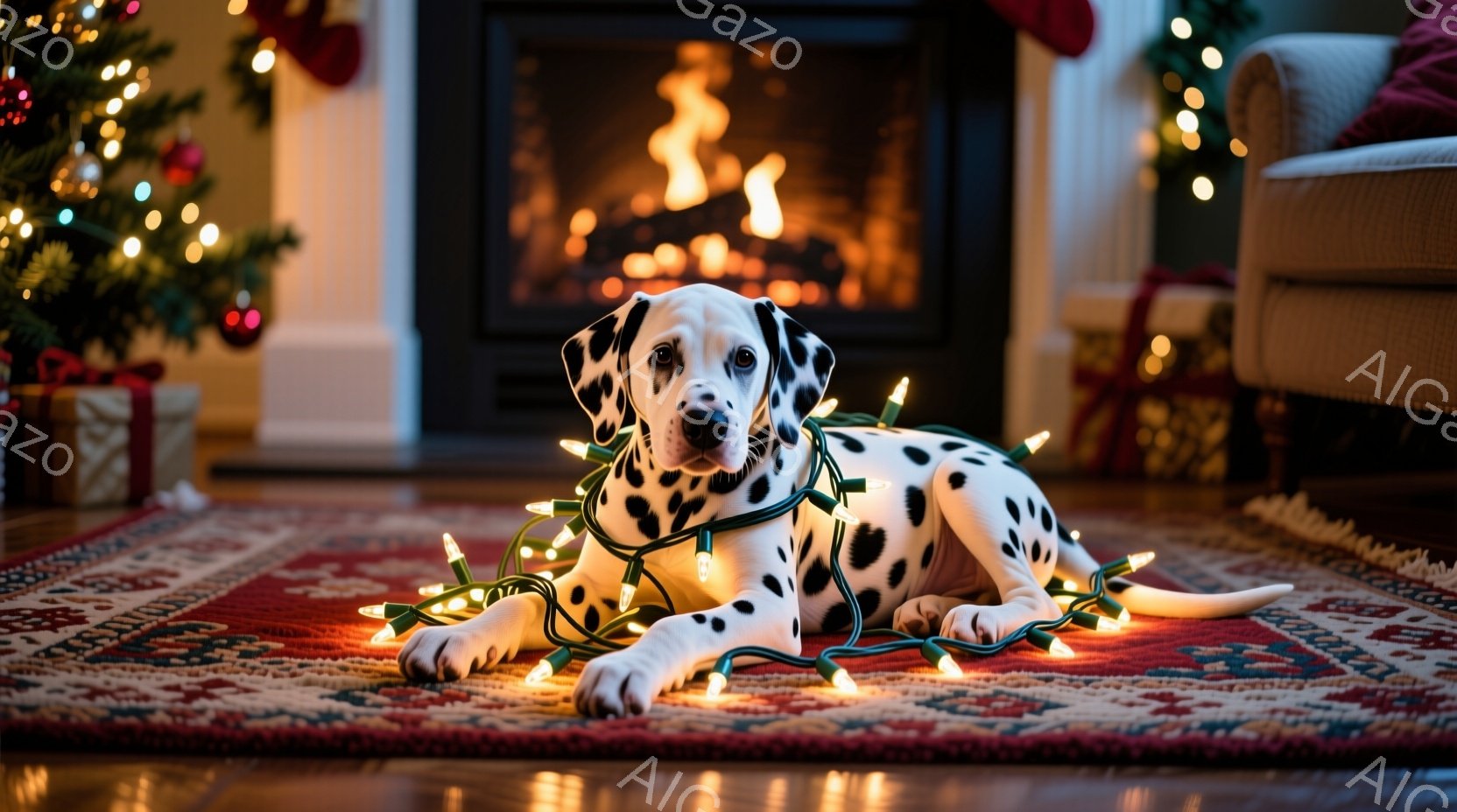 白地に黒い斑点模様のダルメシアンが、赤いペルシャ絨毯の上に横たわっており、カラフルなクリスマスツリーのイルミネーションライトがその周りに巻き付いています。背景には暖炉があり、炎が燃え盛っている様子が映し出され、クリスマスの飾り付けやプレゼントが置かれています。全体的に暖かく、お祝いムードにあふれた、穏やかな雰囲気です。