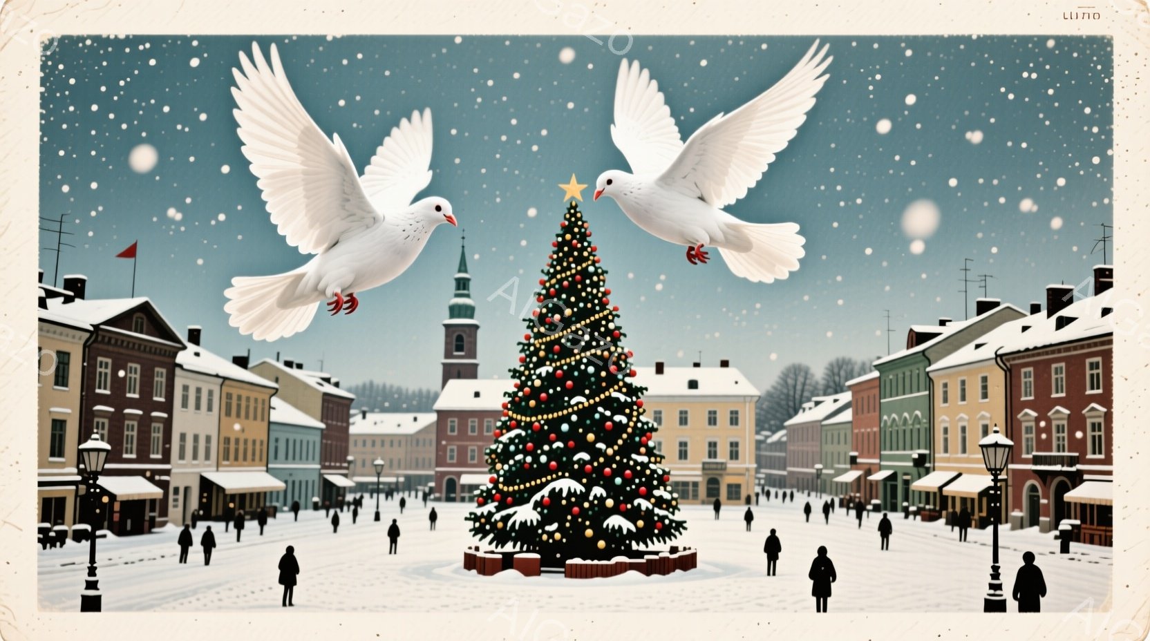 広場の中央には、豪華な装飾が施された大きなクリスマスツリーが聳え立っており、周囲には雪が降り積もるヨーロッパ風の建物が並んでいる。人々は冬のコートを着ており、顔は細部まで描き込まれていないが、静かに散 - AI生成フリー素材