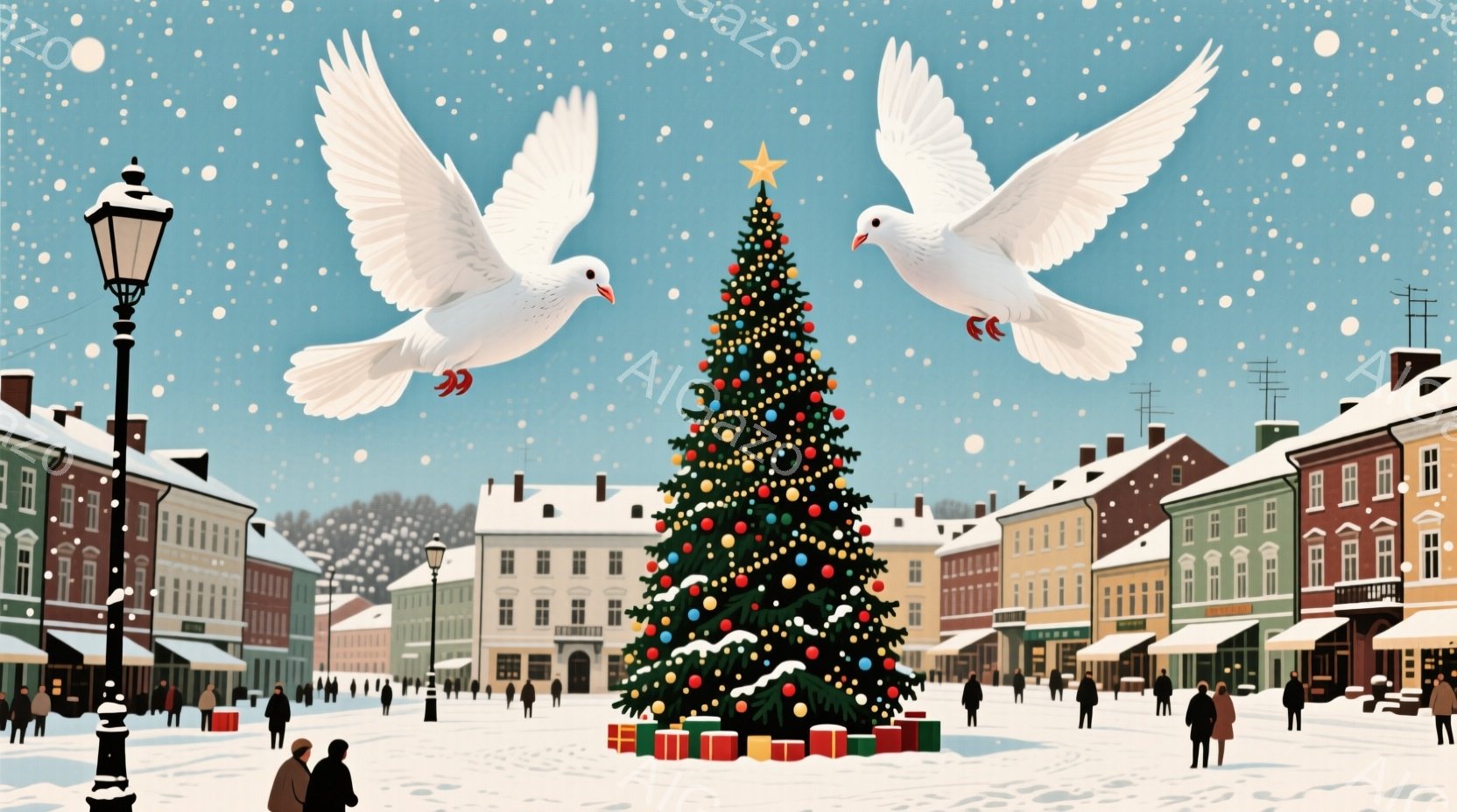 雪が舞う広場の中央には、色とりどりのオーナメントで飾られた巨大なクリスマスツリーが聳え立っています。周りにはコートや帽子を着用した人々が歩き、暖かい光が灯る建物が並び、冬の穏やかな祝祭の雰囲気を醸し出 - AI生成フリー素材