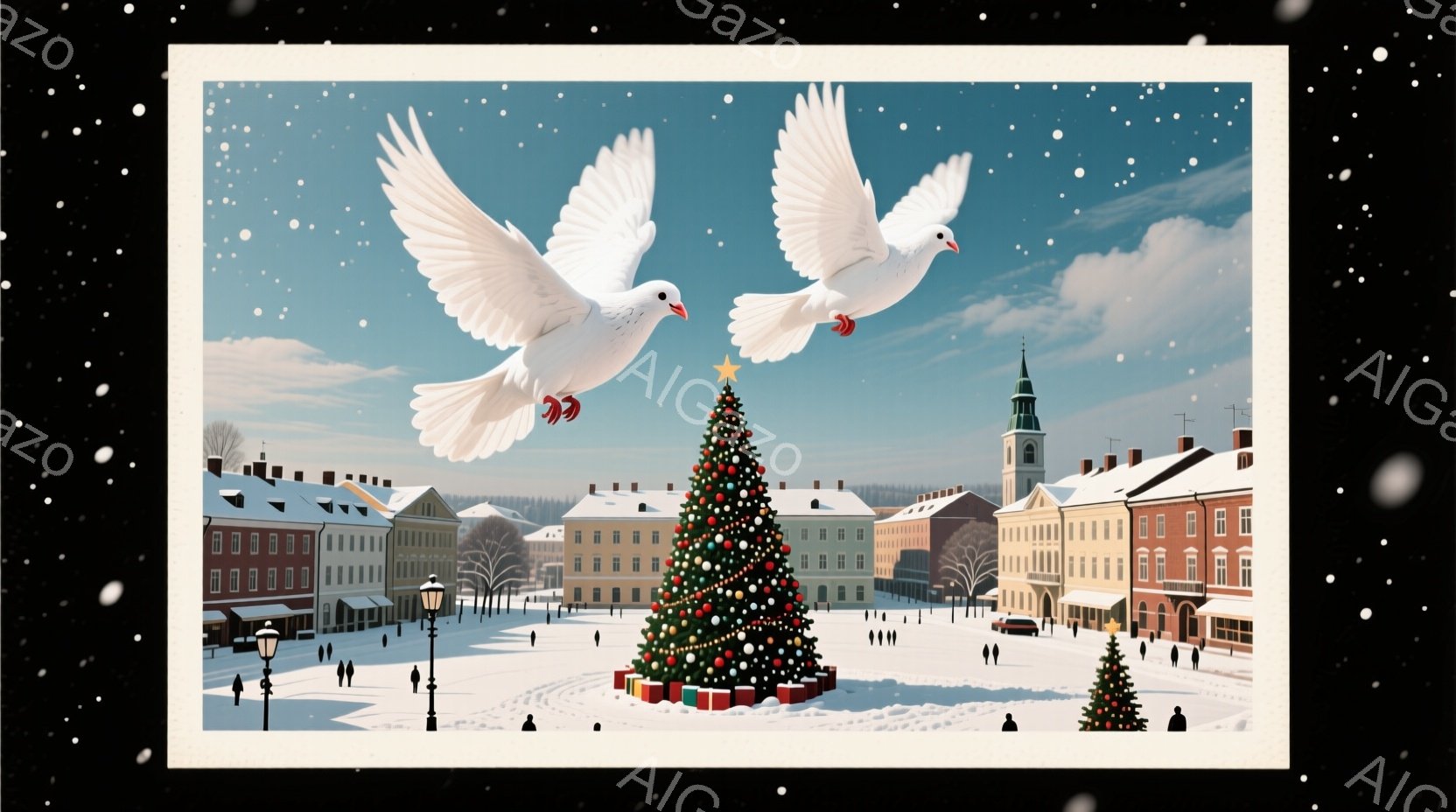 広場の中央には大きなクリスマスツリーが飾られ、雪景色の中に鮮やかな緑色が際立っています。空には白い鳩が二羽舞っており、平和と希望の象徴のように見えます。周囲には、歴史的な建物が立ち並び、静かで穏やかな冬の雰囲気が漂っています。