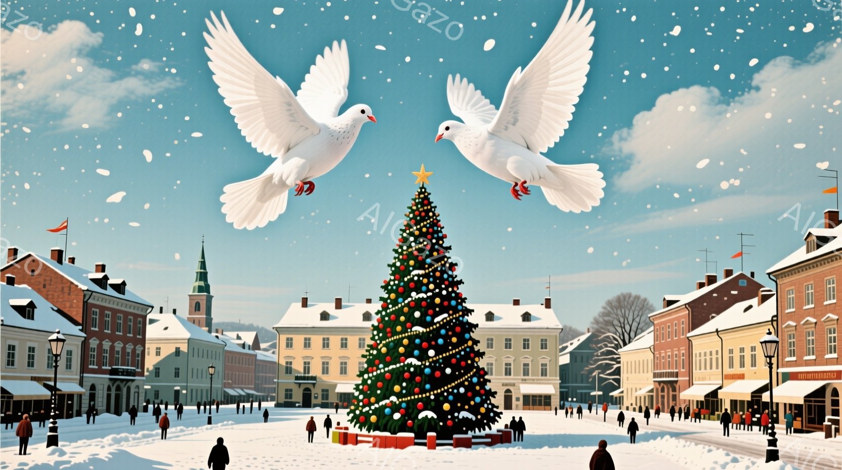 広場の中央には、色とりどりのオーナメントで飾られた巨大なクリスマスツリーがそびえ立ち、雪が舞う冬の風景が広がっています。建物はヨーロッパ風の様式で、人々はコートや帽子を着用し、雪の中を散策しています。空には二羽の白い鳩が舞い、平和で静謐なクリスマスの雰囲気を醸し出しています。