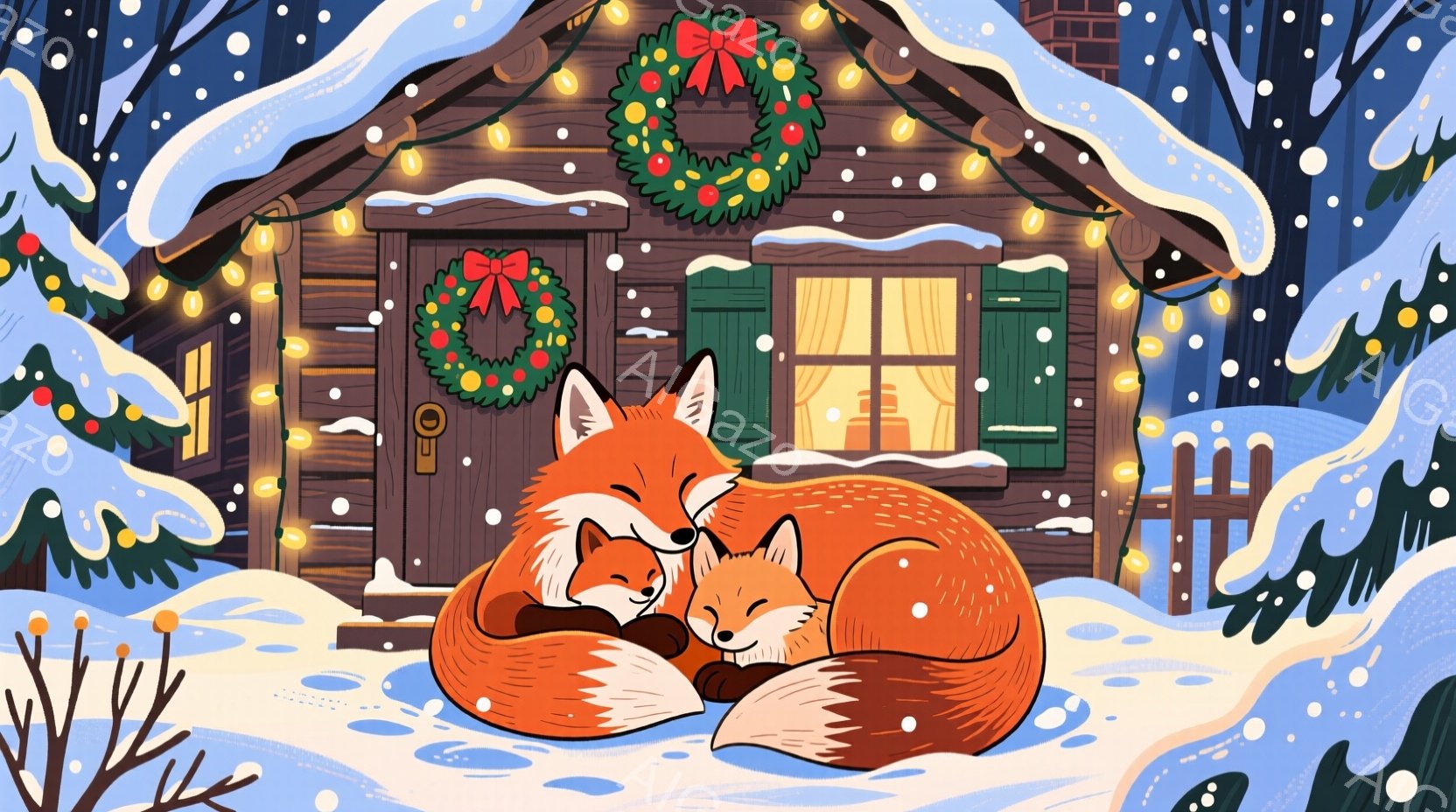 雪が降り積もる中、暖炉の光が温かいログハウスの前で、親キツネと子キツネが寄り添って眠っています。背景には雪に覆われた木々と、クリスマスリースが飾られた家が見え、全体的に穏やかで心温まるクリスマスの雰囲 - AI生成フリー素材