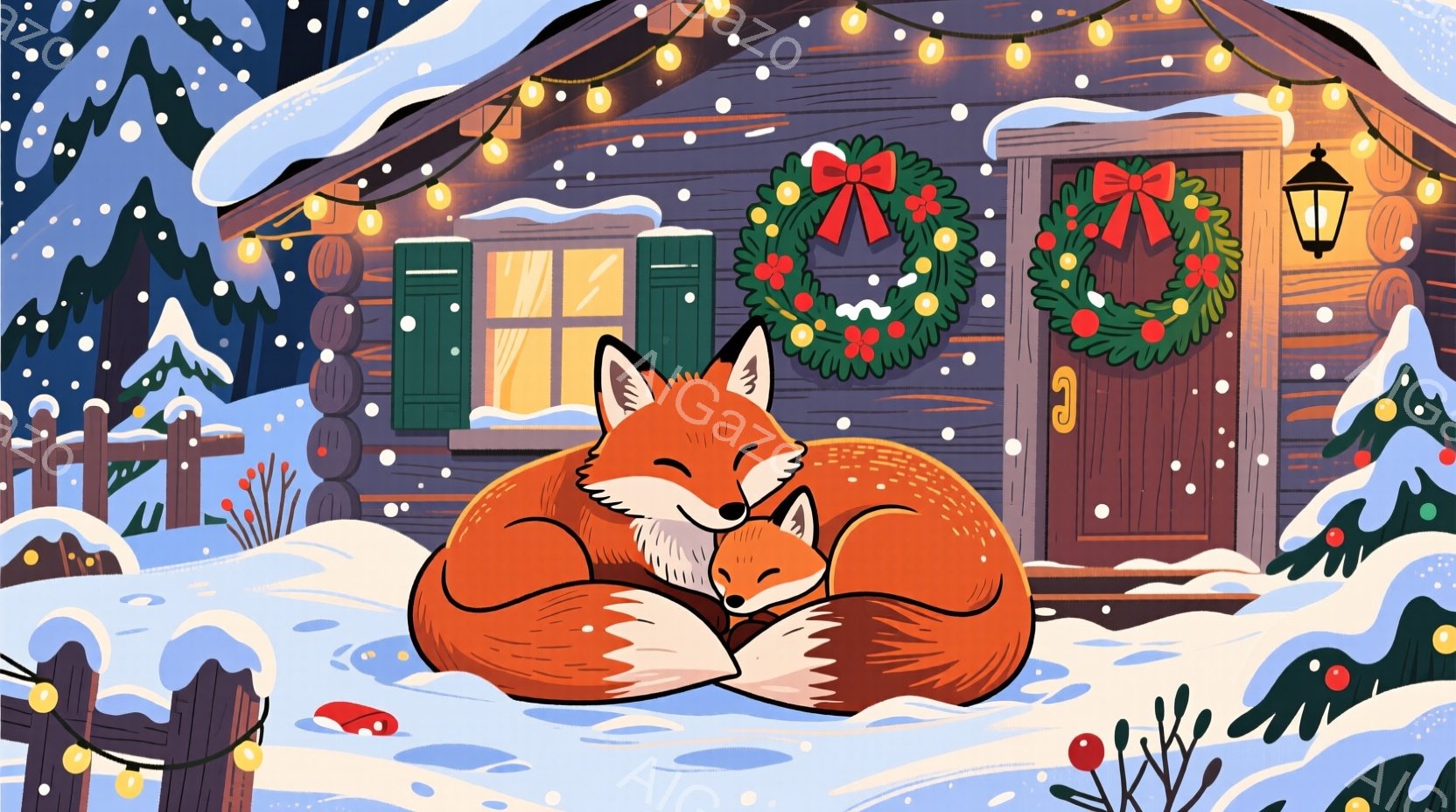 雪景色の中で、オレンジ色のキツネの親子が寄り添って眠っています。背景には、クリスマスリースが飾られた可愛らしい木造の家があり、温かい光が灯っています。雪が降り積もり、クリスマスのイルミネーションが点在 - AI生成フリー素材
