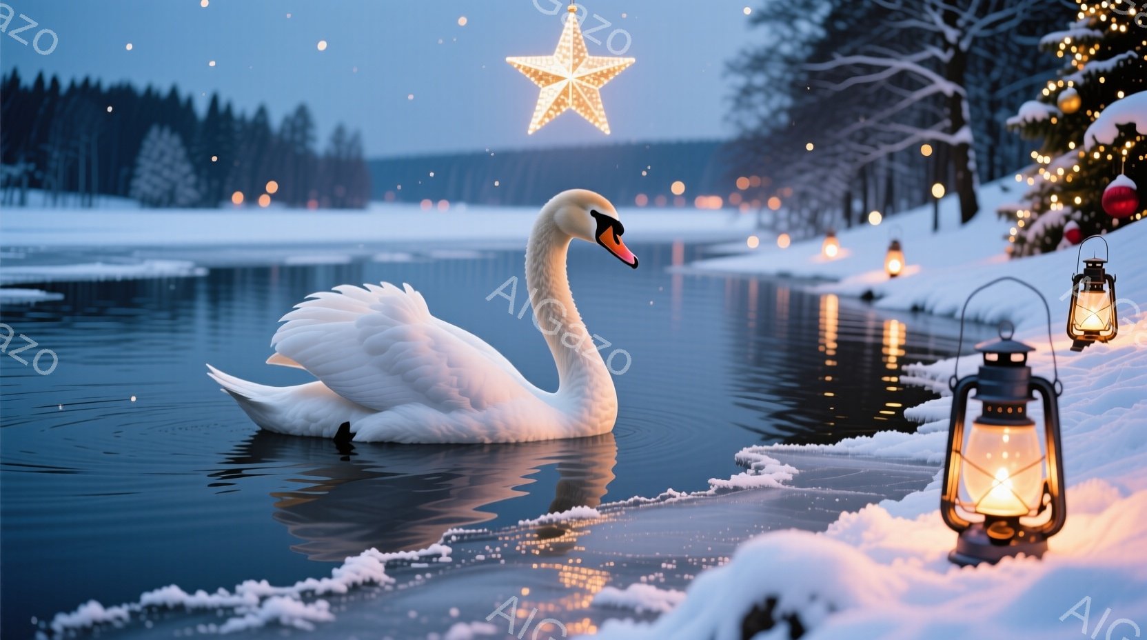 白い羽を持つ白鳥が、凍りかけた水面を優雅に泳いでいる。背景には雪に覆われた森林が広がり、空には星形の光が輝き、岸辺には点灯されたランタンと装飾されたクリスマスツリーが、冬の幻想的な雰囲気を醸し出してい - AI生成フリー素材