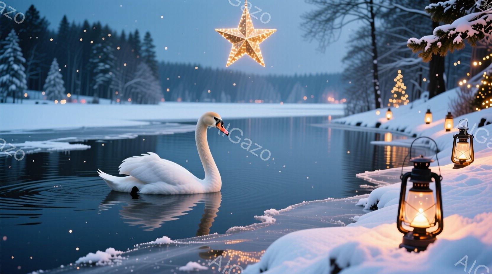 白鳥が一つの凍った湖で優雅に泳いでいる。湖畔には雪が積もり、提灯やクリスマスツリーが点灯しており、幻想的な冬の風景を作り出している。背景には暗い森が広がり、空には星が輝き、全体的に穏やかで美しい雰囲気が漂っている。