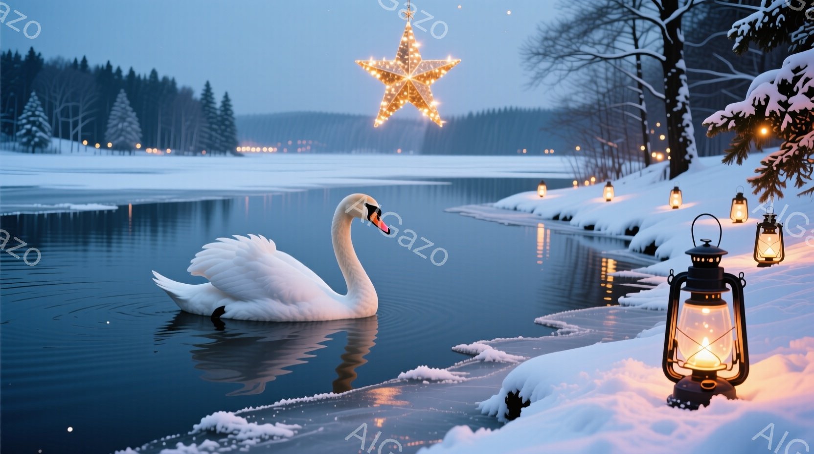 白鳥が一つの暗い湖を優雅に泳いでいる。雪に覆われた岸辺には、灯りが灯されたランタンが並び、遠くには雪に覆われた森林と星形の光が輝いている。 全体的に、静かで幻想的な冬の雰囲気が漂っている。