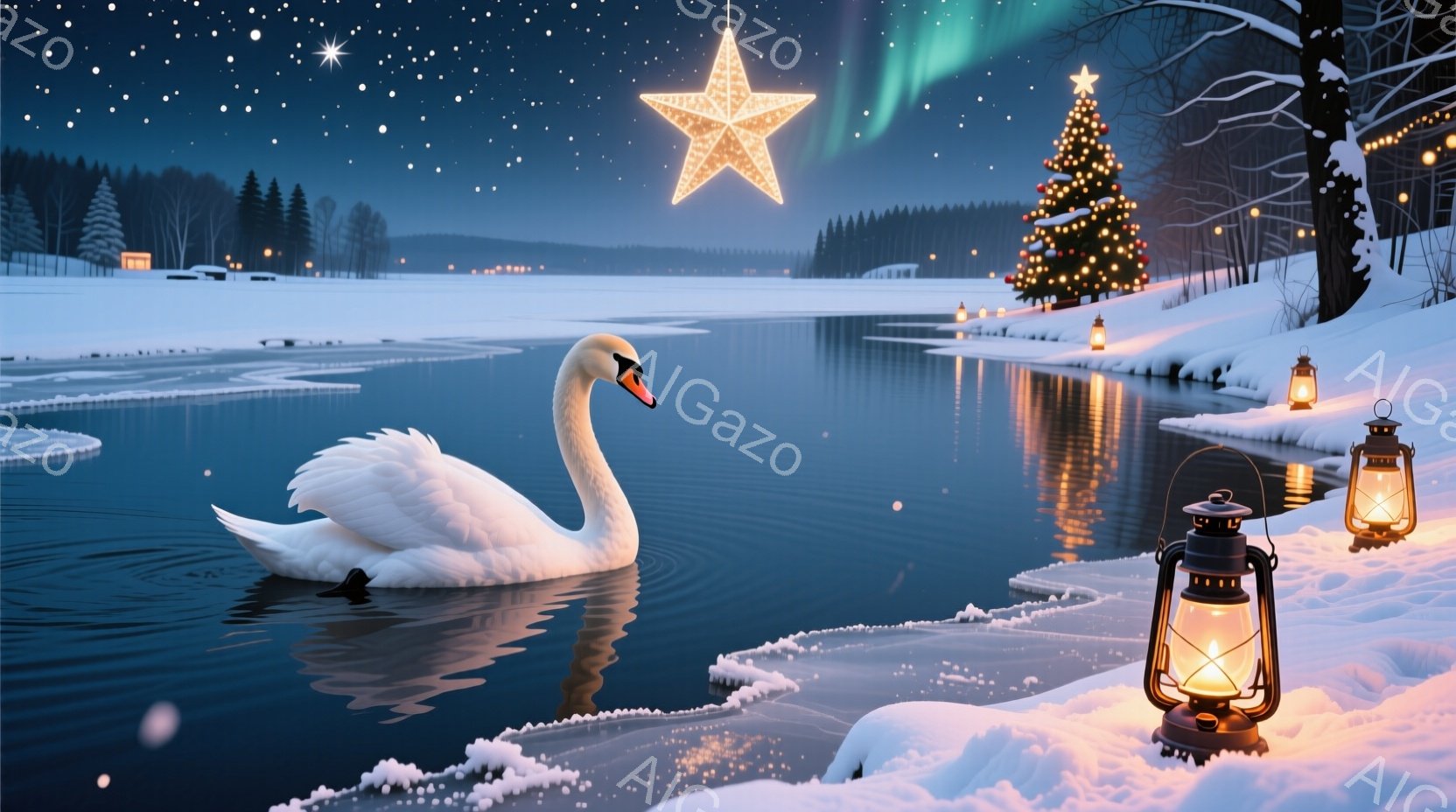 白い白鳥が一つの青い湖を優雅に泳いでいる様子が描かれています。背景には雪に覆われた木々と、遠くに見える光るクリスマスツリー、そして夜空には星とオーロラが輝いています。全体的に静かで幻想的な冬の夜の雰囲 - AI生成フリー素材