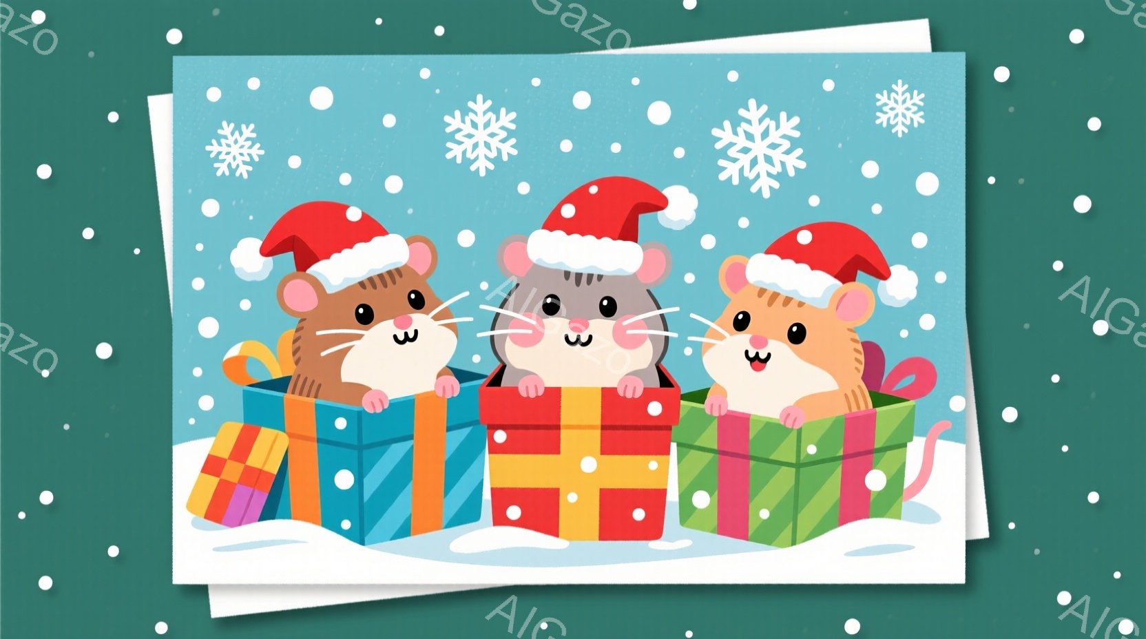 それぞれプレゼントボックスに座っている3匹の可愛らしいネズミが描かれています。各ネズミは赤いサンタ帽子を被り、幸せそうな表情をしています。背景は緑色で、雪片が舞っており、冬の楽しい雰囲気を醸し出してい - AI生成フリー素材