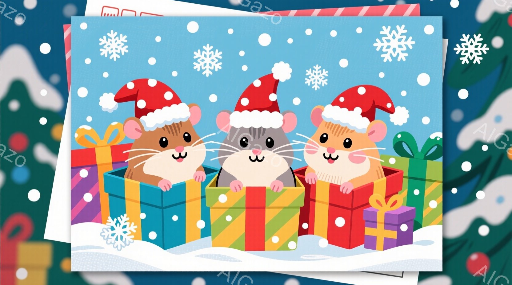 クリスマスをテーマにしたイラストで、プレゼントボックスから顔を出している3匹のハムスターが描かれています。それぞれ赤いサンタ帽をかぶり、可愛らしい表情で、緑、赤、紫のカラフルなプレゼントボックスから顔 - AI生成フリー素材
