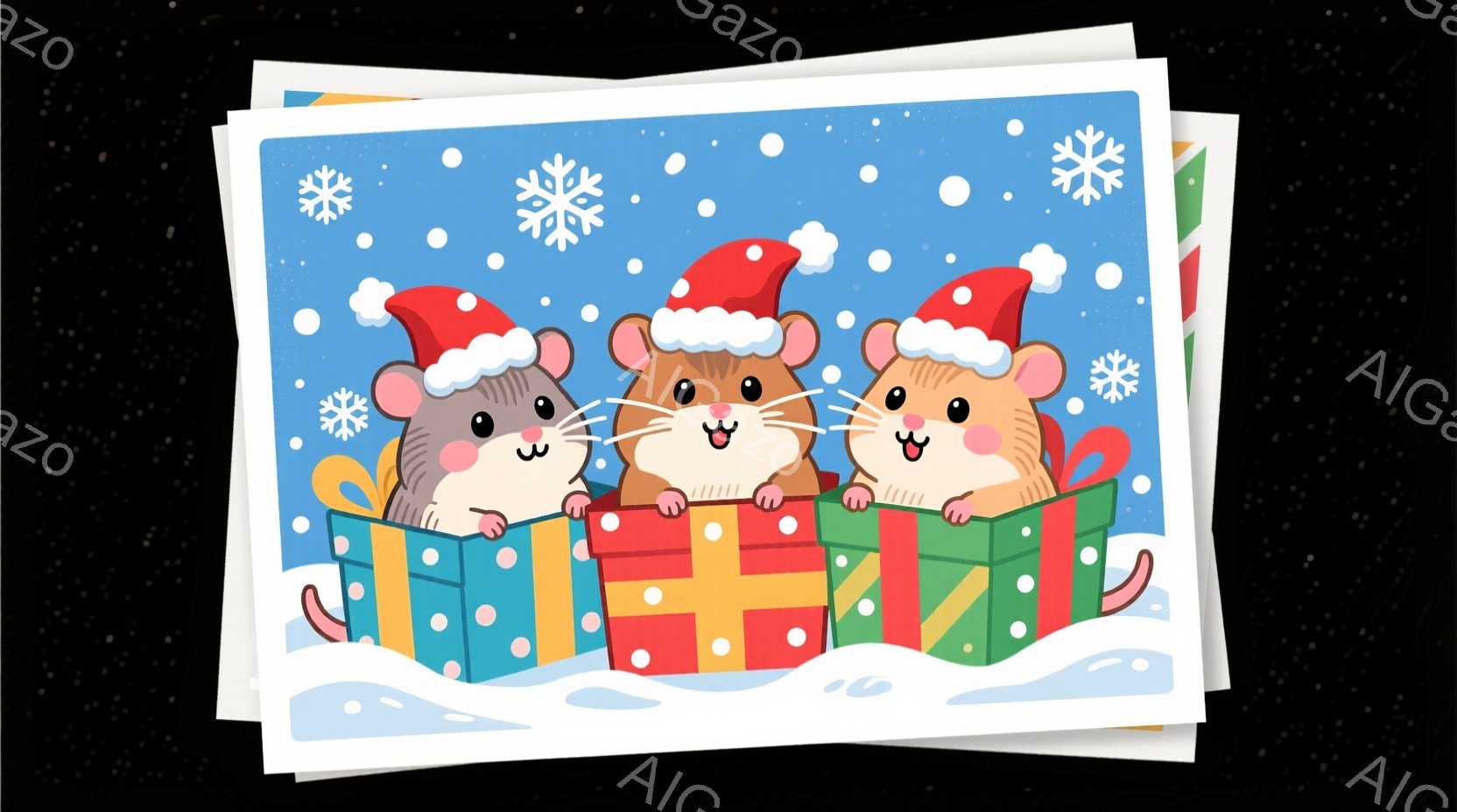 プレゼントボックスから顔を出している3匹のハムスターが描かれています。それぞれ赤いサンタ帽をかぶり、嬉しそうな表情を浮かべています。背景は雪が降る冬の景色で、白い雪の上にプレゼントボックスが並んでいま - AI生成フリー素材